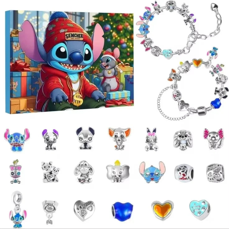 2025 Stitch Christmas Advent Calendar – DIY Jewelry Kit with 24 Days, Charm Bracelet & Necklace for Girls