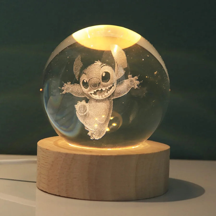 Stitch cartoon crystal ball glowing, 3D carved small night light, desktop decoration creative gift
