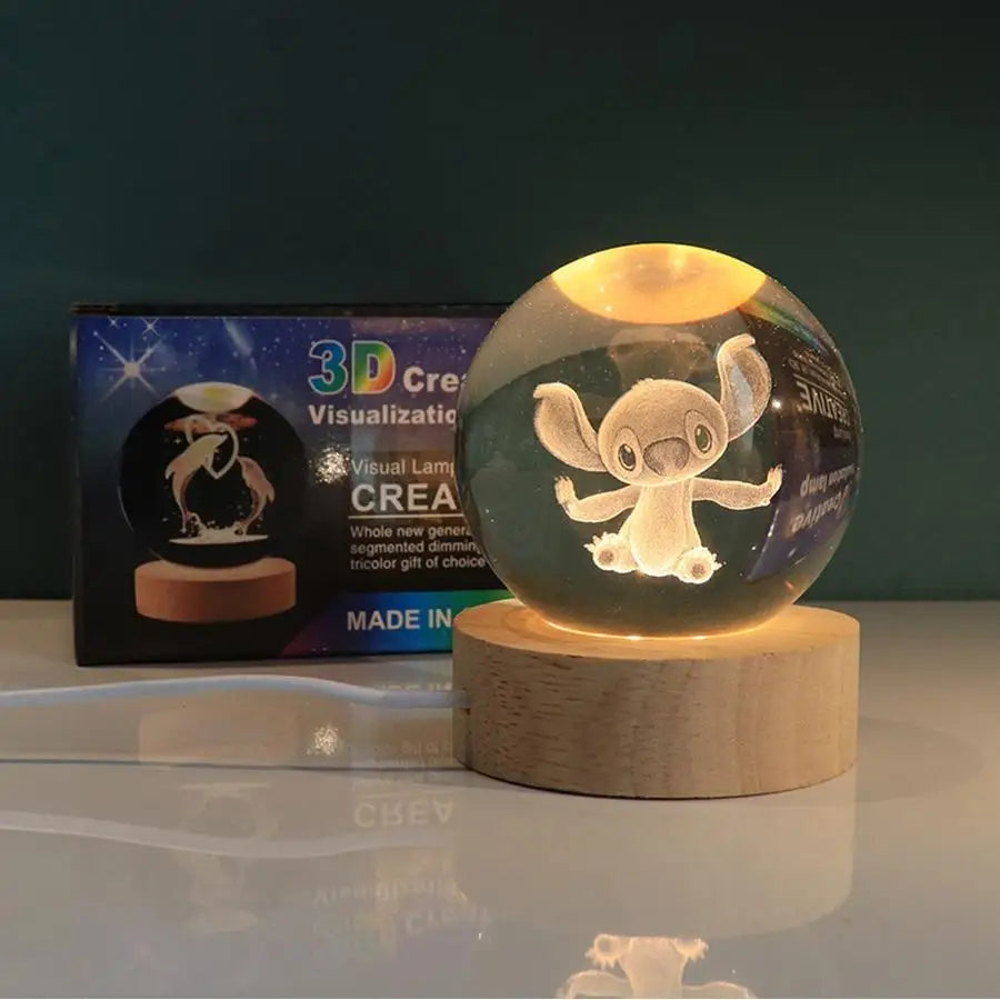 Stitch cartoon crystal ball glowing, 3D carved small night light, desktop decoration creative gift