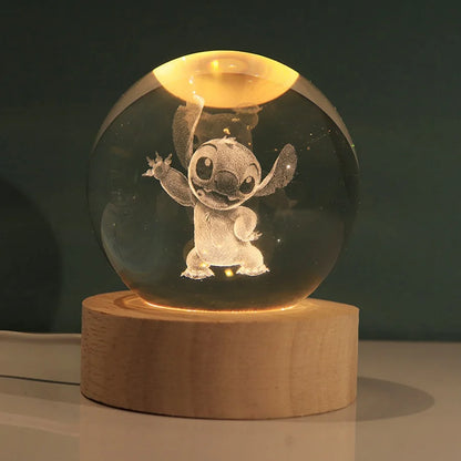 Stitch cartoon crystal ball glowing， 3D carved small night light， desktop decoration creative gift