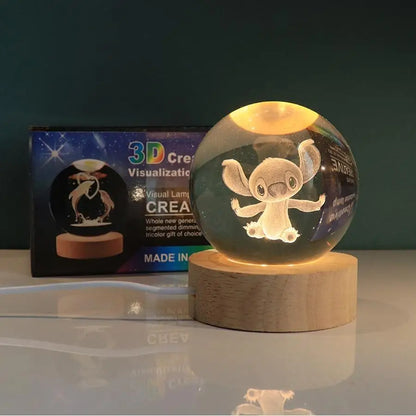 Stitch cartoon crystal ball glowing， 3D carved small night light， desktop decoration creative gift
